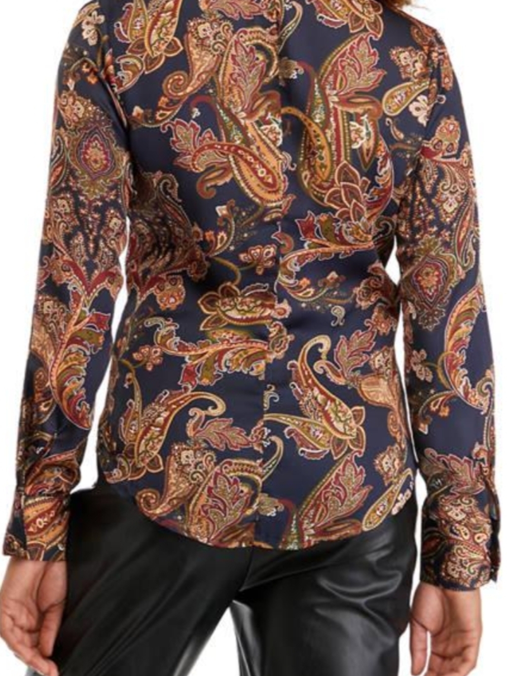 Paisley-Print Long-Sleeve Blouse in Navy and Rust